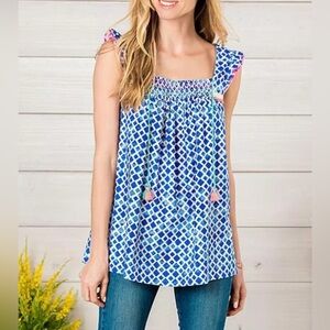 Matilda Jane Blue Wandering Waters Tassel Flutter-Sleeve Tank Top Size M